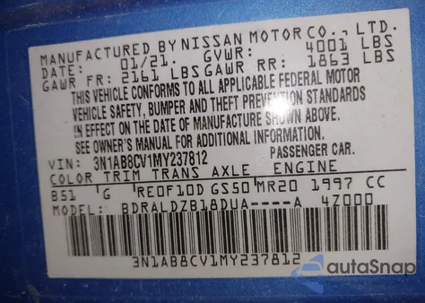 2021 Nissan Sentra Sv Xtronic Cvt z USA, uszkodzony, nr VIN 3N1AB8CV1MY237812